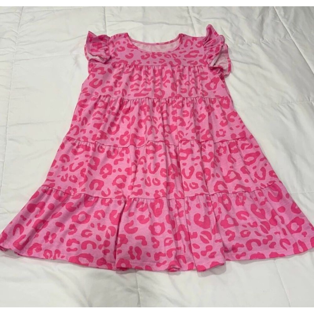 Ladies Pink Leopard Print Ruffle Tiered Dress with Flutter Sleeves